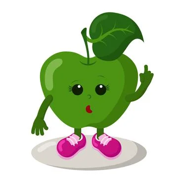 Cute surprised or thoughtful apple with sneakers holds index finger up Stock Illustration