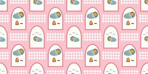 Cute sushi and fish pattern with pink background and white circles Ilustración de archivo