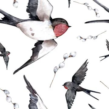 Cute swallow flying with willow spring seamless pattern. Black bird watercolo Stock Illustration