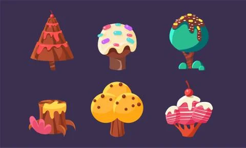 Cute Sweet Candy Trees and Plants Set, Colorful Fantasy Elements for Mobile or Stockillustratie