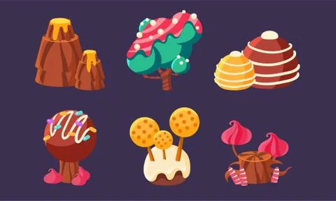 Cute Sweet Candy Trees, Mountain, Mushrooms Set, Fantasy Landscape Elements for 스톡 일러스트