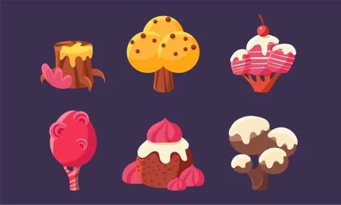 Cute Sweet Candy Trees Set, Fantasy Elements for Mobile or Video Game User Stockillustratie