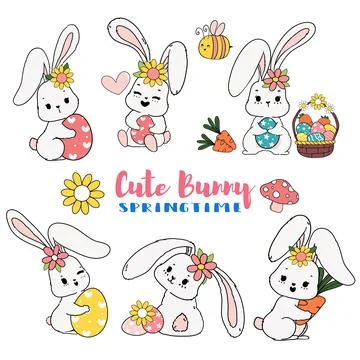 Cute Sweet Easter Bunny springtime with egg cartoon doodle collcection set Stock Illustration