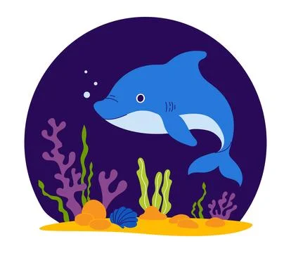 Cute swimming Dolphin with algae on seabed on dark blue background. Vector .. 스톡 일러스트
