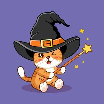 Cute Tabby Cat Wearing Hat Witch with Magic Wand Vector Stock Illustration
