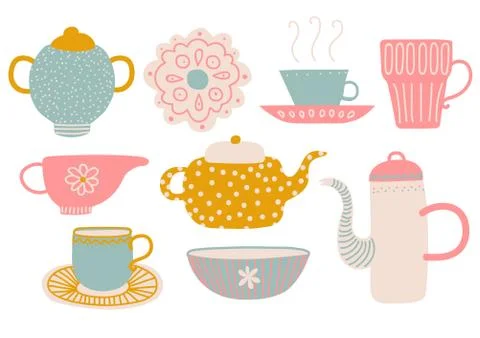 Cute Tea Set, Tea Party Elements with Teapot, Teacup, Saucer, Jug Milk and Stock Illustration