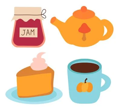 Cute tea time with pumpkin pie. Teapot, hot cup of tea or coffee, berries jam. Stock Illustration