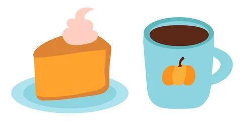 Cute tea time with pumpkin pie. Hot cup of tea or coffee. Cozy autumn home. Stock Illustration