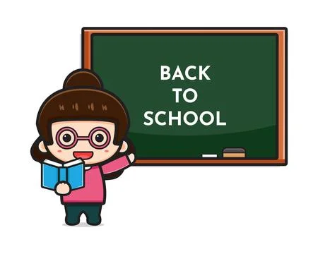 Cute teacher in classroom pointing reading book cartoon illustration 스톡 일러스트