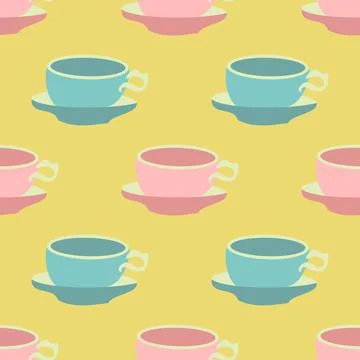 Cute Teacup Vector Repeat Pattern In Pink And Blue On A Yellow Background Illustrazione stock