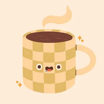 Cute teal checkered mug with funny eyes and mouth, tea or coffee, steam cloud Stock Illustration