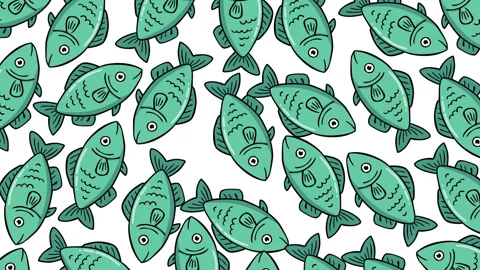 Cute Teal Fish Pattern Motion Graphics Background on White Stock Footage 347701285