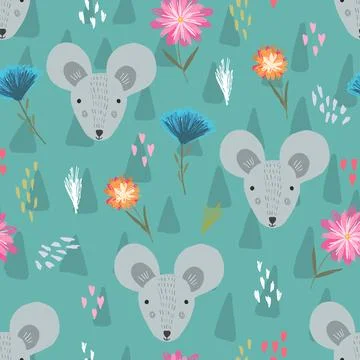 Cute teal pattern with mouse heads and flowers Stock Illustration