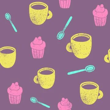 Cute teatime pattern. Cupcake, cups, spoons. Stock Illustration
