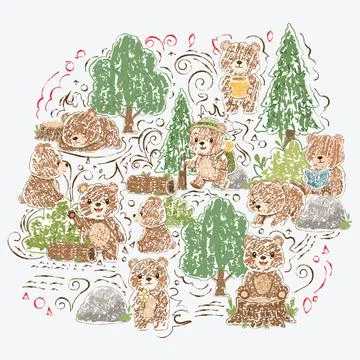 Cute Teddy Bear and Forest Elements Collage Pattern Vector Illustration 库存插图
