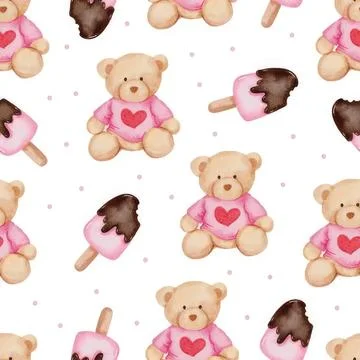 Cute teddy bear and ice cream pattern on white background Stock Illustration