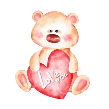 Cute teddy bear and red heart. Watercolor Stock Illustration