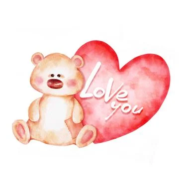 Cute teddy bear and red heart. Watercolor Stock-Illustration