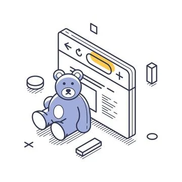 Cute Teddy Bear And Web Page Isometric Vector Illustration For Kids Shop Stock-Illustration