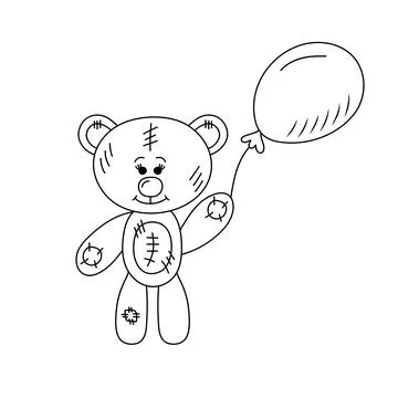 Cute teddy bear with balloon in doodle style. Plush toy. Hand drawn line ar.. Stock Illustration