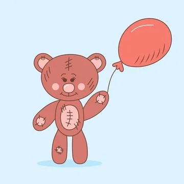 Cute teddy bear with balloon. Plush toy. Hand drawn doodle illustration. Stock Illustration