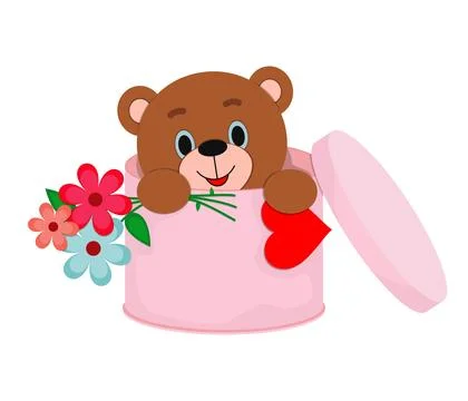 Cute teddy bear in a box with flowers. Stock Illustration