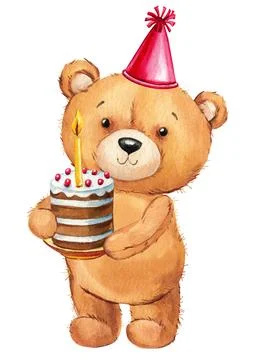 Cute teddy bear with cake design composition, Watercolor kid illustration for Stock Illustration