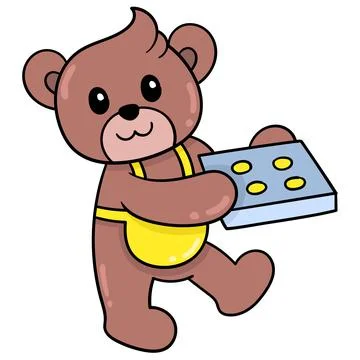 A cute teddy bear is carrying a baking sheet filled with cooked cakes. doodle Illustrazione stock