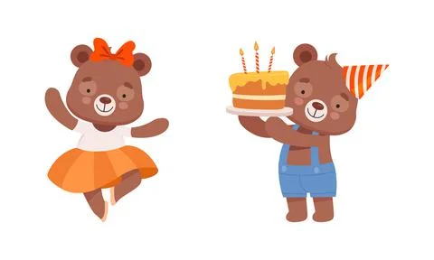 Cute Teddy Bear Character in Birthday Cone Hat Holding Cake with Candles and Stock Illustration