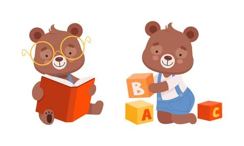 Cute Teddy Bear Character in Glasses Reading Book and Playing with Abc Cubes Stock Illustration