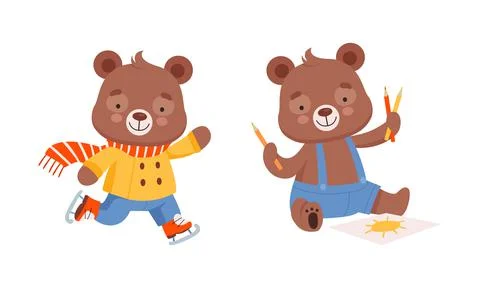 Cute Teddy Bear Character Ice Skating in Winter and Drawing with Pencils Vector Stock Illustration
