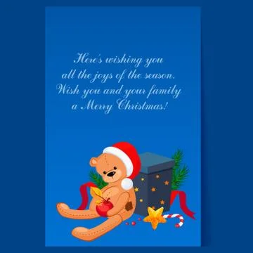 Cute Teddy Bear in a Christmas Hat Sitting near Gift. Holiday Vector Stock Illustration