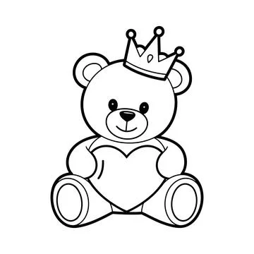 Cute teddy bear with crown and heart coloring page design Stock Illustration