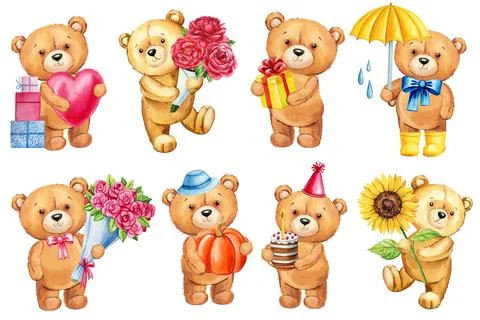 Cute teddy bear design composition, Watercolor kid illustration for wall art Stock Illustration