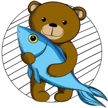 Cute teddy bear with fish イラスト素材