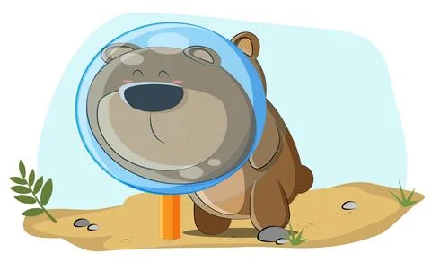 A cute teddy bear found a large glass ball and looks through it at his palyanka Stock Illustration