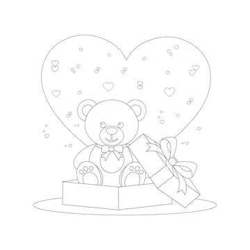 Cute Teddy Bear in Gift Box with Hearts Coloring Page and Line Art Illustra.. Stock Illustration