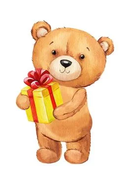 Cute teddy bear with gift design composition, Watercolor kid illustration for Stock Illustration