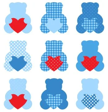 Cute Teddy Bear with hearts set isolated on white ( blue &amp; red ) Stock Illustration