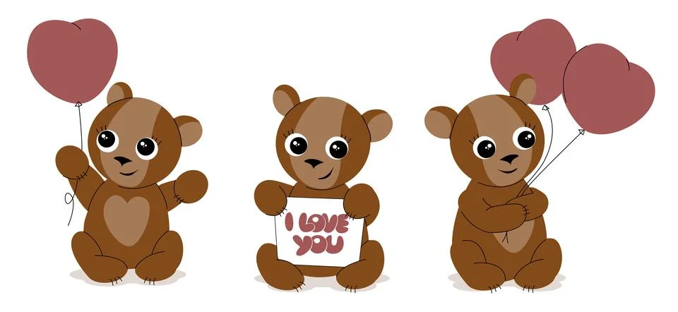 Cute Teddy Bear with Hearts Vector Set Stock Illustration