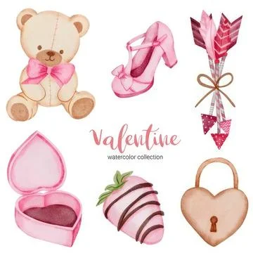 Cute teddy bear with pink bow, strawberries, and heart-shaped lock Stock Illustration