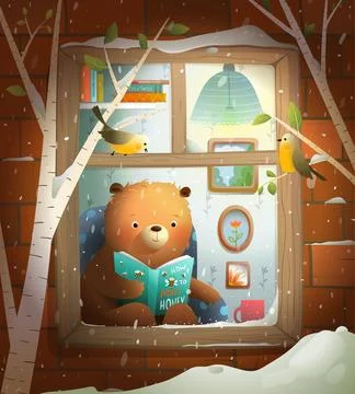 Cute Teddy Bear Reading Book Home at Winter Window Stock Illustration