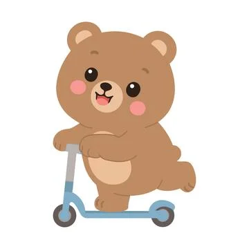 Cute Teddy Bear Riding a Scooter with Happy Expression Stock Illustration
