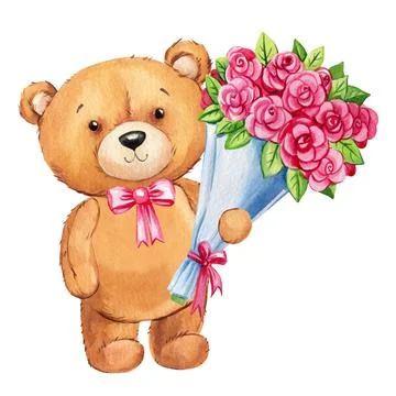 Cute teddy bear with roses design composition, Watercolor illustration for wall Stock Illustration
