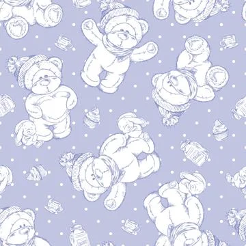 Cute teddy bear seamless pattern, hand drawn sketch vector illustration on blue Stock Illustration