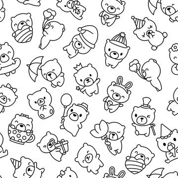 Cute teddy bear. Seamless pattern. Coloring Page. Stock Illustration