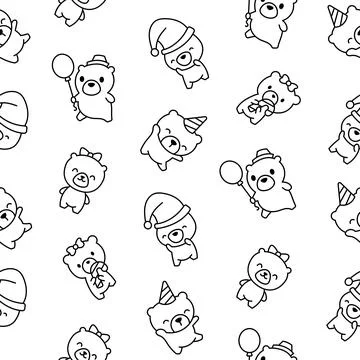 Cute teddy bear. Seamless pattern. Coloring Page. Stock Illustration