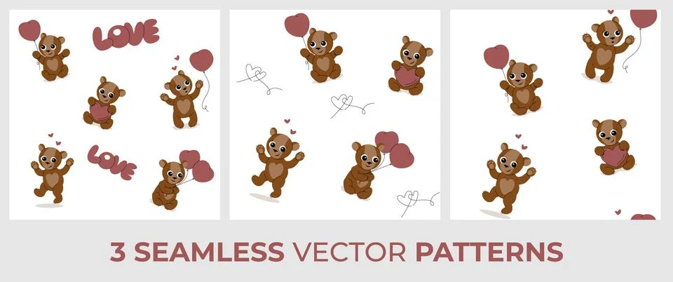 Cute Teddy Bear Seamless Pattern Set Valentine Love Hearts Brown Terracotta.. Stock Illustration