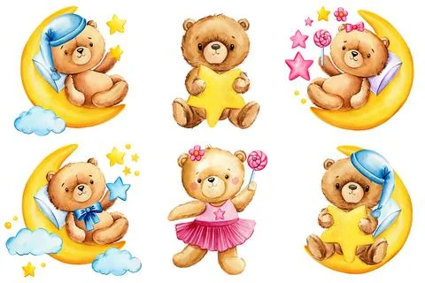 Cute teddy bear set isolated on white background. Watercolor hand draw Stock Illustration