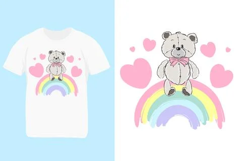 A cute teddy bear sits on a rainbow. Illustration for baby t-shirt. Flat Stock Illustration